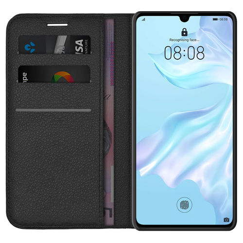 Leather Wallet Case & Card Holder Pouch for Huawei P30 - Black